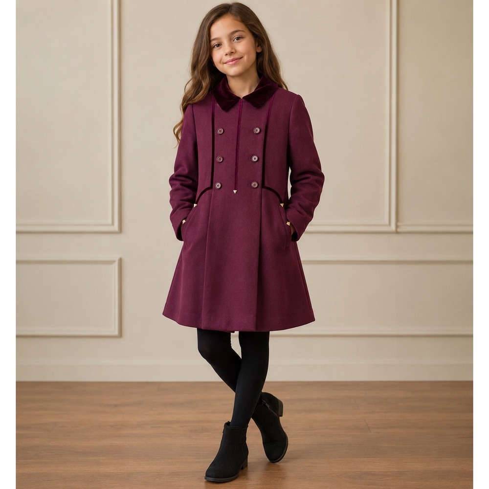 Vintage Lord & Taylor‎ N. Fischer Burgundy Wool Velvet Trim Coat Youth Size 12